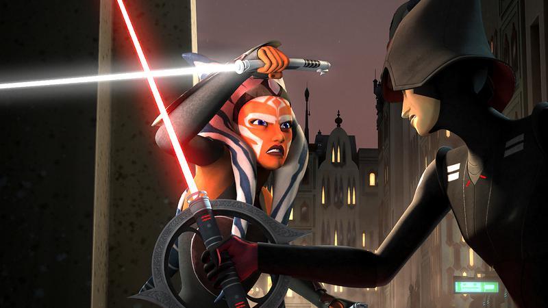 Ahsoka dans Star Wars Rebels combattant l'inquisiteur