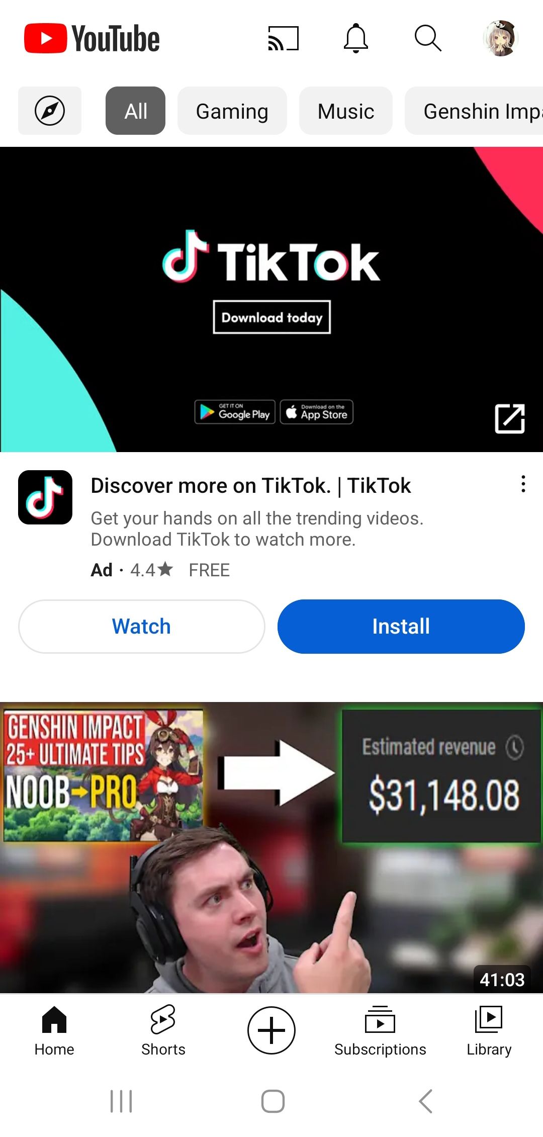 Aperçu de la page d'accueil de l'application YouTube sur mobile