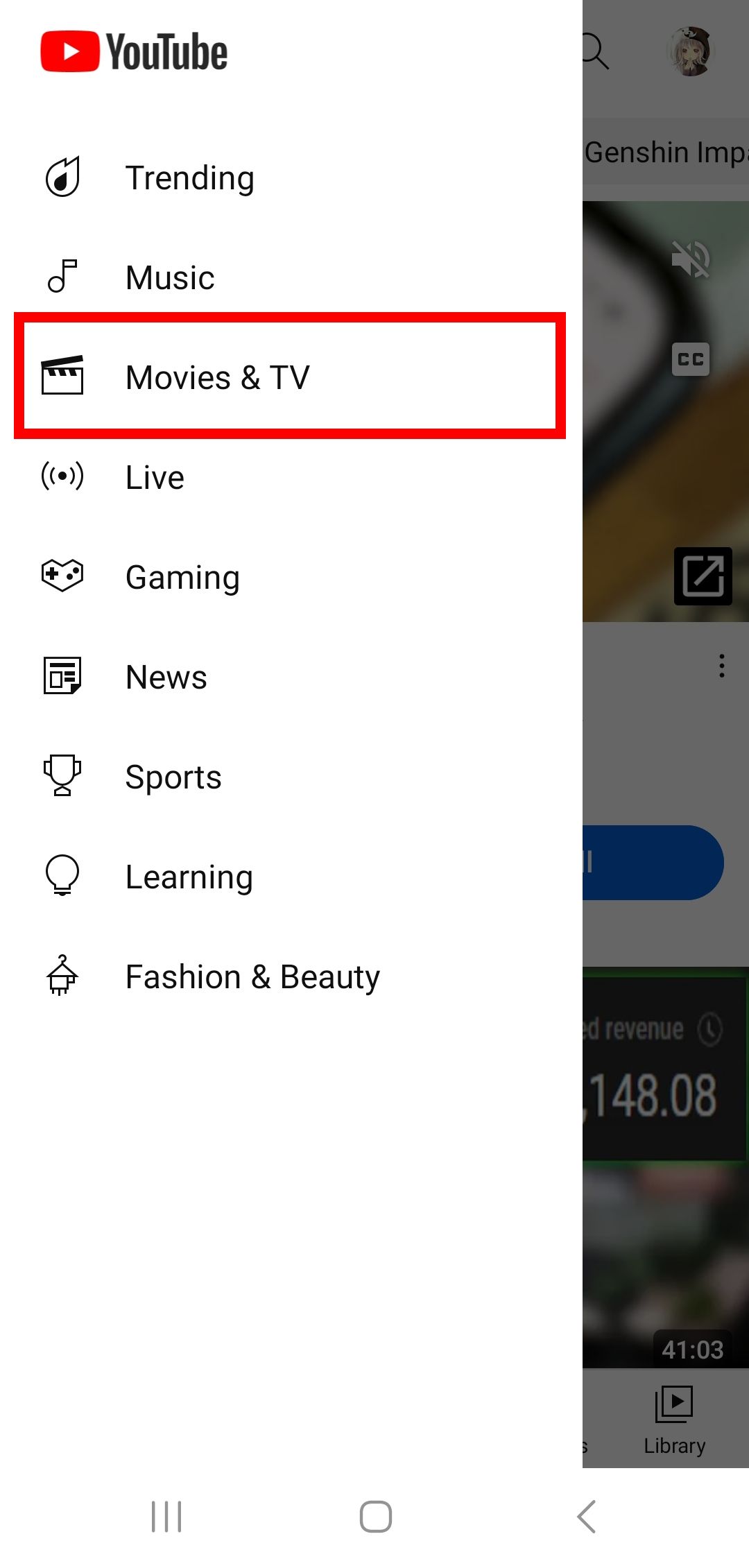 Contour rouge d'un rectangle sur Films & TV dans la barre latérale de l'application YouTube