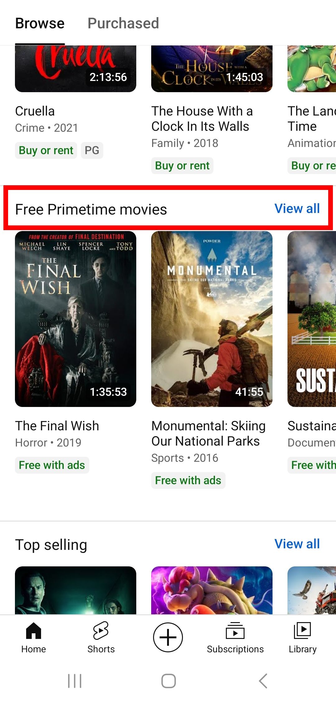 Contour rouge d'un rectangle sur les films en première partie de soirée gratuits et sur le bouton Tout afficher sur l'application YouTube
