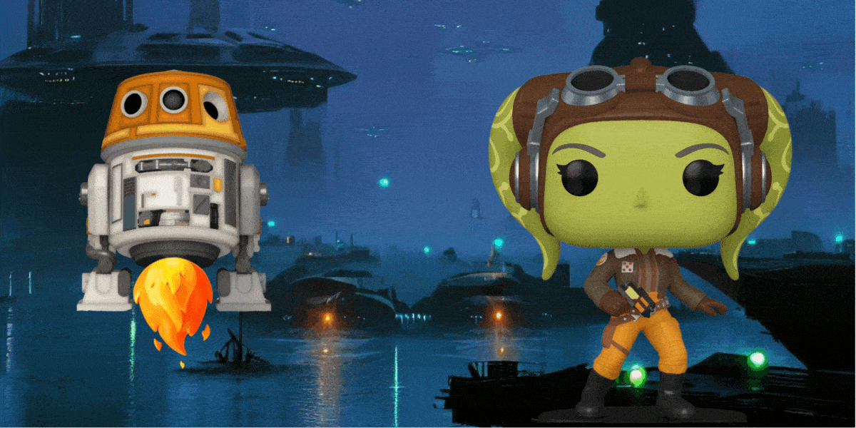 Chopper Funko Pop! Figure floating in a shipyard next to General Hera Syndulla.
