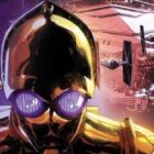 a gold robot with glowing red eyes in front of H-shaped spaceships zooming through a solar system