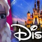 (L-R) Upset Character Elsa looking at Disney Castle Brand Image with Logo on it