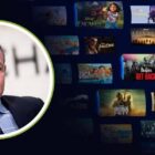 Disney CEO Bob Iger in a picture frame looking disappointed while a collage of Disney+ shows and movies overtakes the image