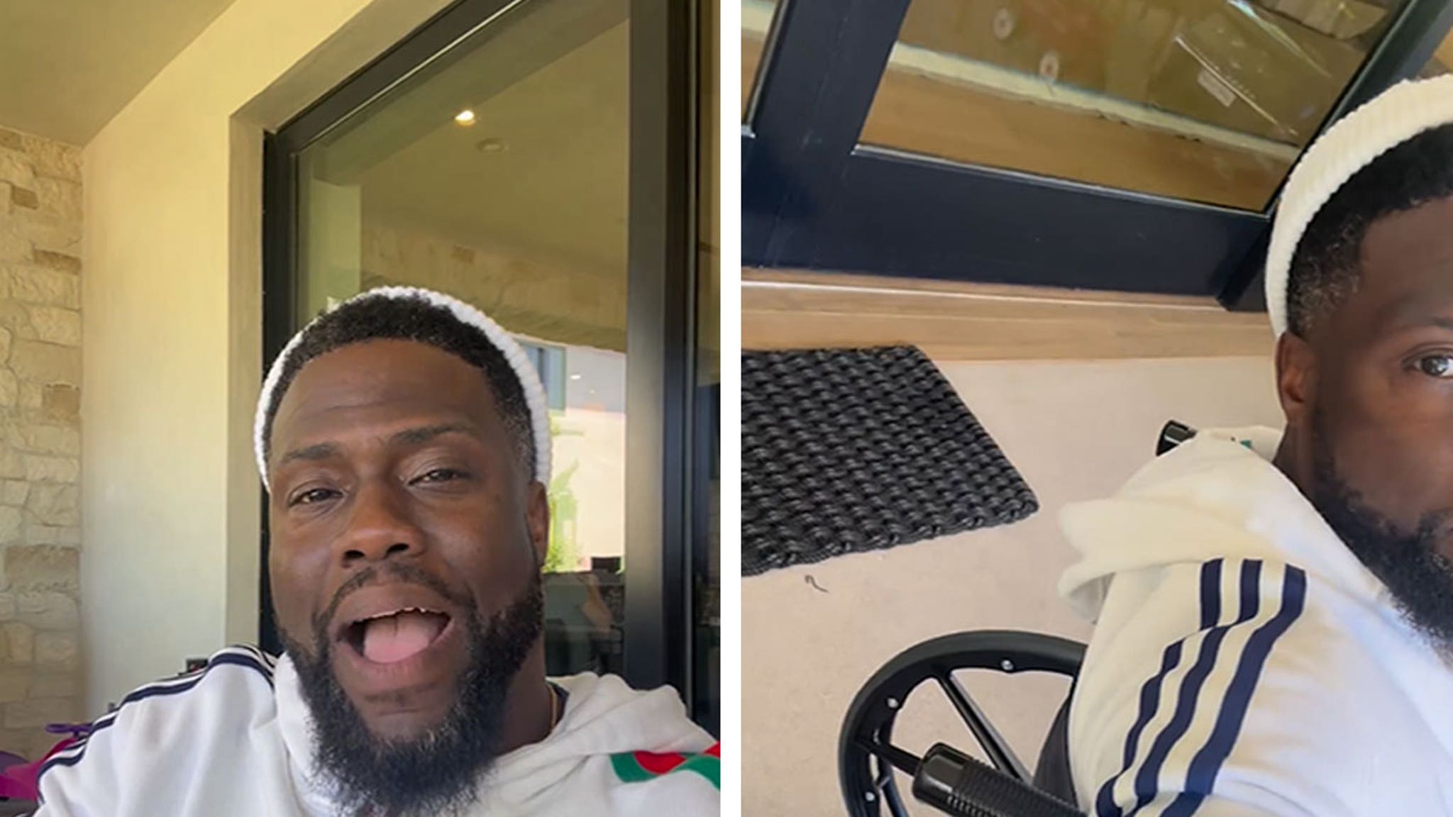 Kevin Hart en fauteuil roulant après s’être déchiré les muscles en course avec un ancien joueur de la NFL.