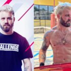 side by side pictures of Paulie Calafiore, one from his run on The Challenge: USA and another of him shirtless on a beach-like setting