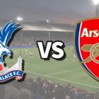 The Crystal Palace and Arsenal club badges on top of a photo of Selhurst Park in London, England
