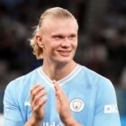 rling Haaland of Manchester City claps himself to celebrates winning another a preseason friendly, ahead of Manchester City vs Arsenal