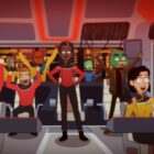 Still from the animated T.V. show Star Trek: Lower Decks. Here we see the whole crew sitting on the deck, celebrating.