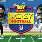 Two football players stand beside a sign that says Toy Story Funday Football in animated form