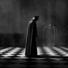 Augusto Pinochet stands alone in a giant ballroom in El Conde on Netflix