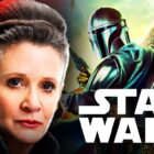Carrie Fisher as Leia, Mandalorian poster, Star Wars logo