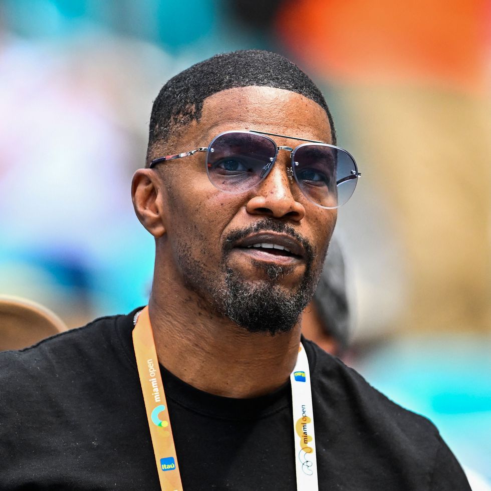 TENNIS-US-ATP us actor jamie foxx attends the mens quater final match between christopher eubanks of the us and daniil medvedev of russia at the 2023 miami open at hard rock stadium in miami gardens, florida, on march 30, 2023 photo by chandan khanna afp photo by chandan khannaafp via getty images