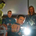 (L-R) Robert Downey Jr., Mark Ruffalo, Chris Evans, Jeremy Renner, Chris Hemsworth, and Scarlett Johannsson in 'The Avengers' (2012)