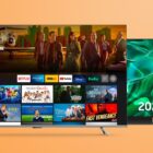The Amazon Fire TV Omni and Samsung S95C TVs in front of an orange background