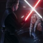 Ahsoka (Rosario Dawson) and Anakin Skywalker (Hayden Christensen) fighting in 'Ahsoka'