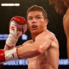Mexican boxer Canelo Alvarez throws a left ahead of the Canelo Alvarez vs Jermell Charlo fight in Las Vegas.