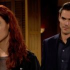 Courtney Hope and Mark Grossman as Sally and Adam in an uncomfortable moment in The Young and the Restless 