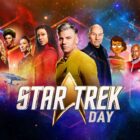 a collection of characters from star trek on a colorful space background