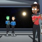 Noel Wells as Ensign Tendi, Gabrielle Ruiz as T&iacute;Lyn, Tawny Newsome as Ensign Beckett Mariner and Jack Quaid as Ensign Brad Boimler appearing in Star Trek: Lower Decks season 4