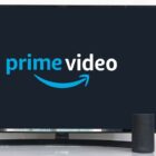 The Prime Video logo is on a TV next to an Amazon smart speaker and a plant