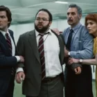 Adam Scott, Zach Cherry, John Turturro, Britt Lower on Severance (photo: Apple TV+)