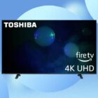 The Toshiba 55-inch C350 Series LED 4K UHD smart Fire TV is displayed against a blue background.