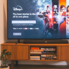 Disney+ home screen displayed on flatscreen TV on living room media set