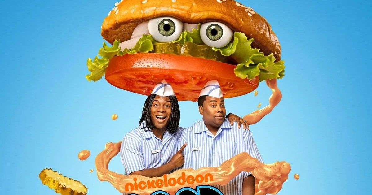 Kenan Thompson and Kel Mitchell dressed in their Good Burger uniforms with a burger above them in a poster for Good Burger 2.
