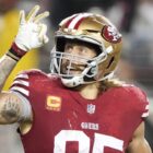 George Kittle #85 of the San Francisco 49ers celebrates ahead of the Bengals vs 49ers showdown.