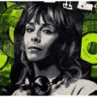 Vintage punk-style poster of Sylvie (Sophie Di Martino), wearing headphones around her neck and posing against a background of neon green records.