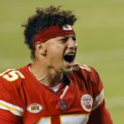 Patrick Mahomes #15 of the Kansas City Chiefs lets our a roar ahead of the Chargers vs Chiefs game.