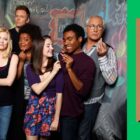 Community cast left, Jared Fogle from cameo in front of green background to reference Subway