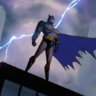 Batman stands on a rooftop, in front of a bolt of lightning, Batman: The Animated Series
