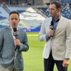 Danny Higginbotham (right) with his Apple TV broadcast partner Steve Cangialosi at a game in Kansas City last month.