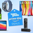Amazon Prime Day deals tag surrounded by Apple Watch 9, Roomba, MacBook Air, LG C2 OLED, Fire TV Stick and Bose 700 headphones