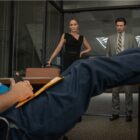Pain Hustlers - (L to R) Jay Duplass as Larkin, Emily Blunt as Liza and Chris Evans as Brenner in Pain Hustlers.