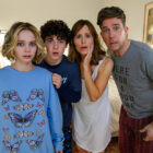 (L to R) Emma Myers as CC, Brady Noon as Wyatt, Jennifer Garner as Jess Walker and Ed Helms as Bill Walker in "Family Switch."