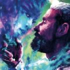 illustration of a bearded man nose-to-nose with a blue-skinned alien woman.