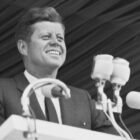 US President John F. Kennedy (1917 - 1963) addresses the crowds at Greenpark Race Course in Limerick during a visit to Ireland, 29th June 1963.  (Photo by Evening Standard/Hulton Archive/Getty Images)