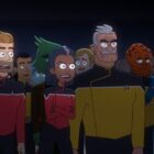 illustration showing a dozen or so cartoon characters in starfleet uniforms.