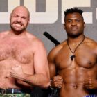 Tyson Fury and Francis Ngannou pose for the cameras before the Tyson Fury vs Francis Ngannou live stream starts on Saturday in Riyadh, Saudi Arabia. 