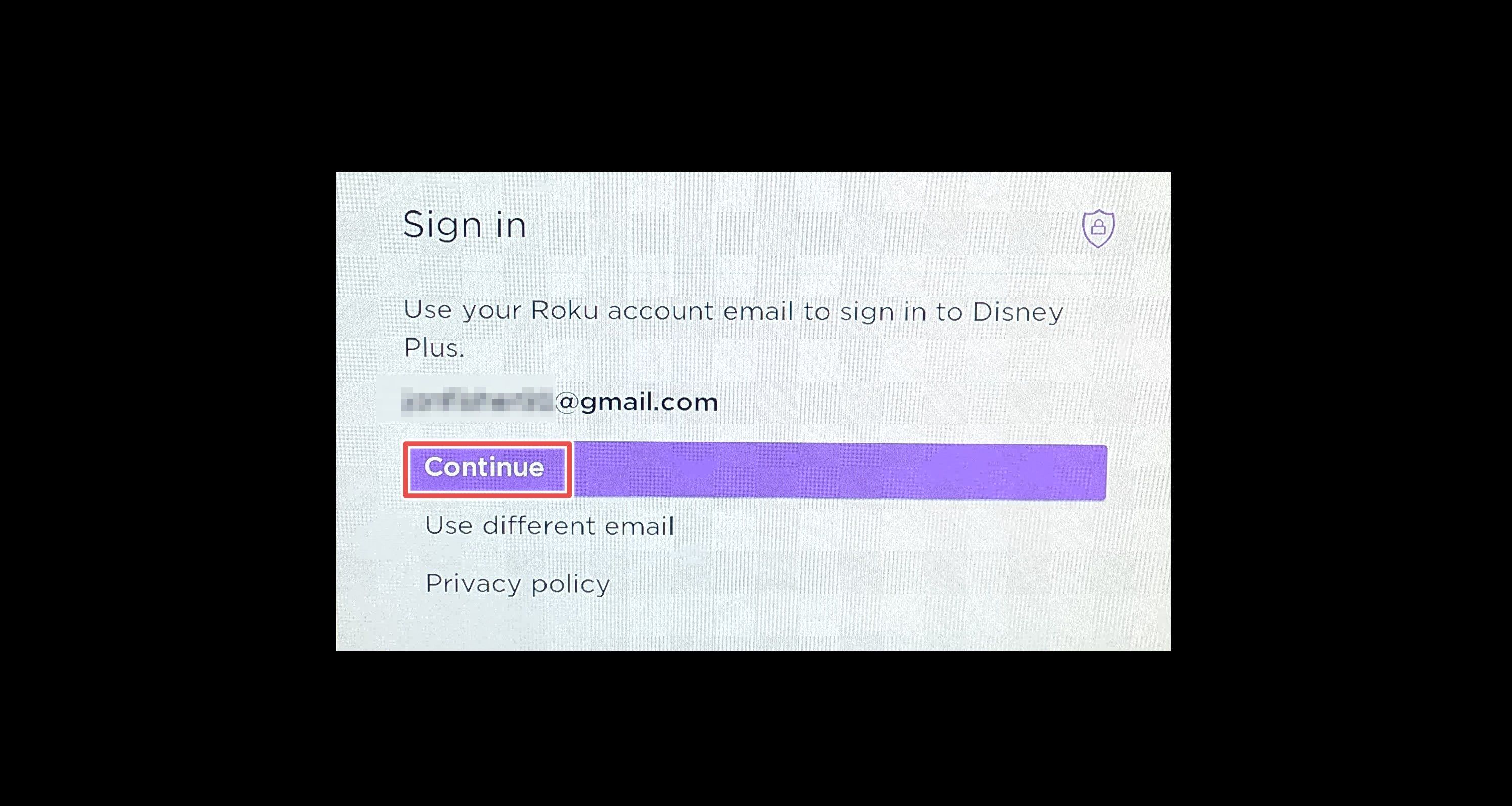 The continue button highlighted on the Disney Plus sign in page on Roku