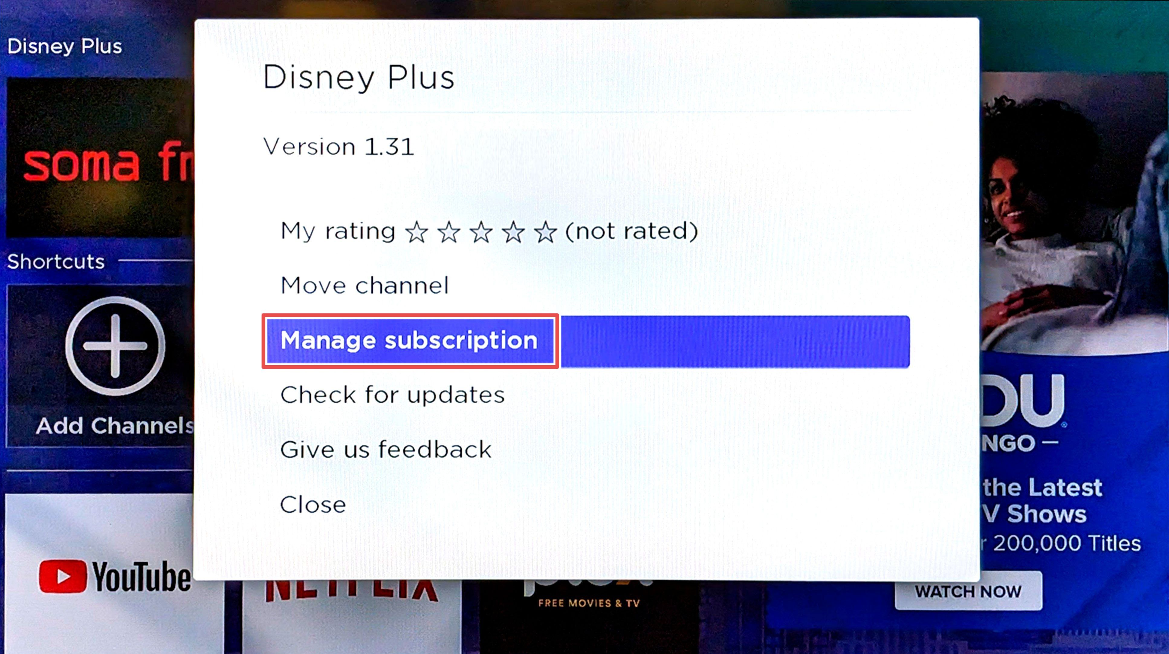 The Manage subscription option for Disney Plus on Roku