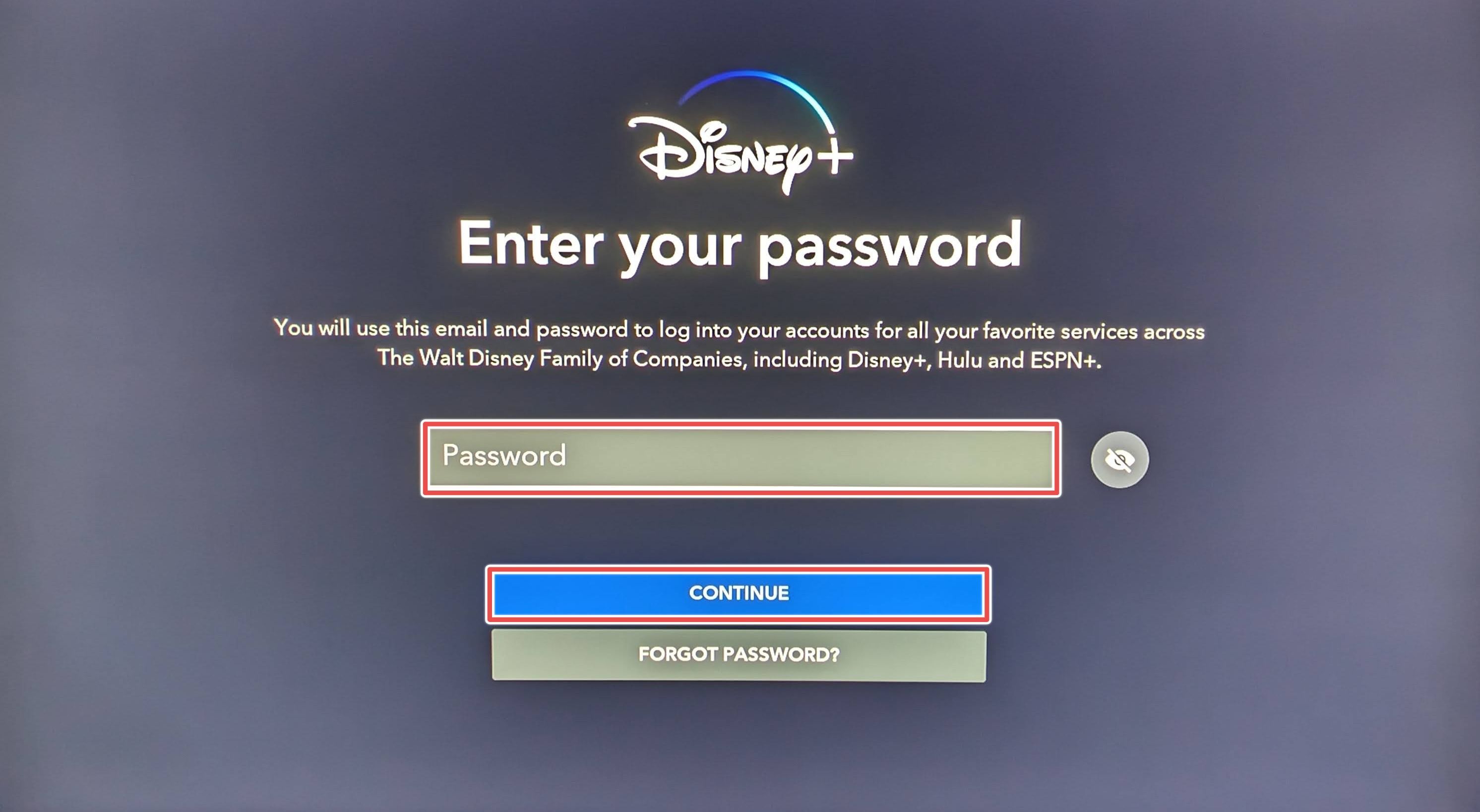 Disney Plus password prompt on Roku