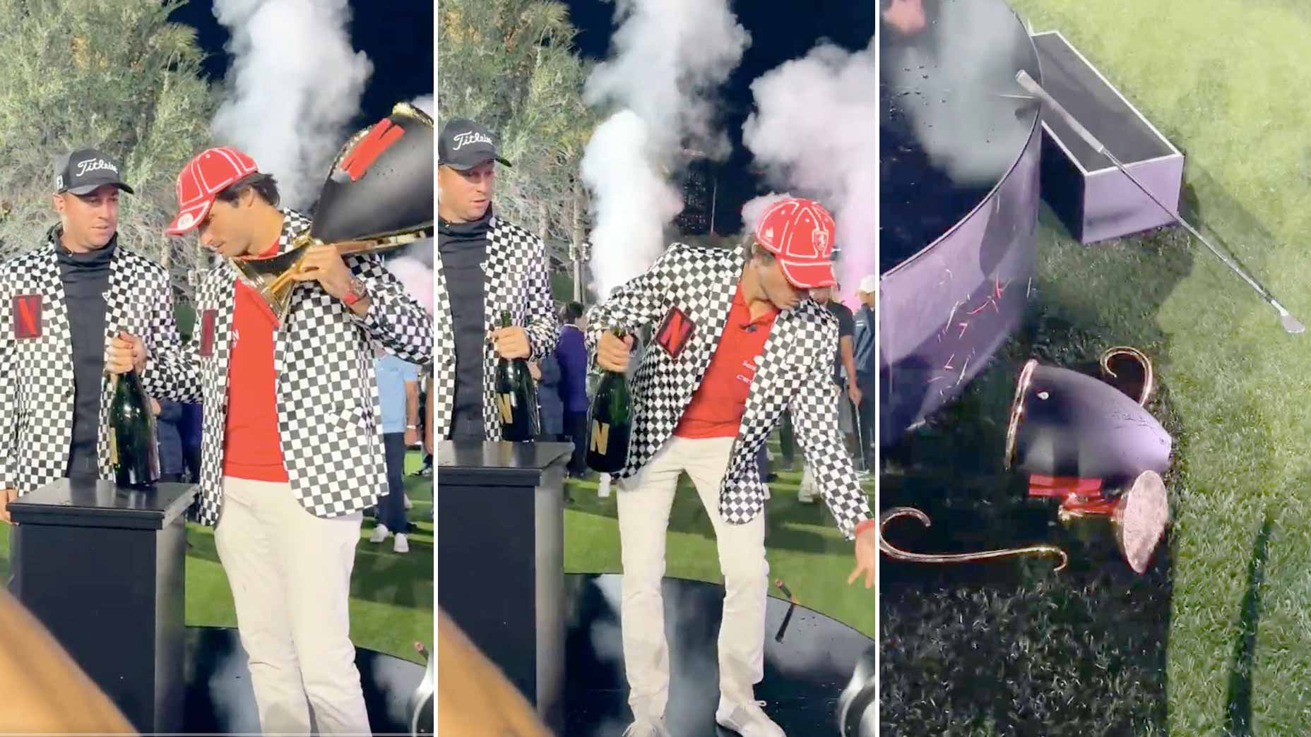 Carlos Sainz casse le trophée Netflix Cup remporté avec Justin Thomas