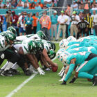 MIAMI GARDENS, FL - JANUARY 8: The New York Jets offense lines up against the Miami Dolphins during a game  at Hard Rock Stadium on Sunday, January 8, 2023 in Miami Gardens, Florida. (Photo by Perry Knotts/Getty Images)