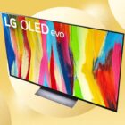 The 65-inch LG C2 OLED TV is displayed against a yellow background.