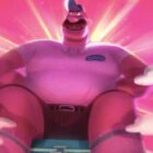 A softball coach looming as a giant figure with light behind him on a pink sky