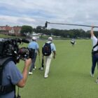 A view of Netflix camera crews filming a golfer for its series "Full Swing."